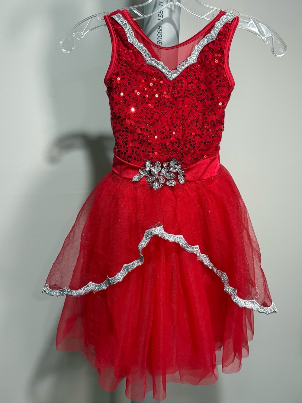 Weissman Girls Sz 1C (7/8) Dance Costume Red Silver‎ Sequin Tulle Pageant 14396